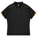 A black polo shirt featuring yellow accents and a collar, suitable for sports uniforms. It includes a logo.