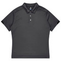 A dark grey polo shirt with a collar and short sleeves, featuring a logo on the chest area.