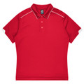 A red polo shirt featuring a collar and short sleeves, with contrasting white accents and a logo.