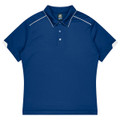 A navy blue polo shirt with a collared neck and contrasting white detailing on the sleeves. It features a logo.