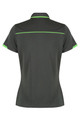 A dark green polo shirt featuring vibrant green accents and a logo. The back view displays a sleek design.