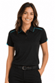A black polo shirt featuring turquoise accents, designed for women, with a logo displayed on the garment.