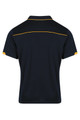 A navy polo shirt featuring yellow accents on the shoulders and a branded logo on the back.