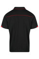 A black polo shirt with red accents and a logo on the back.