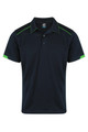 A navy polo shirt with green accents and a logo on the chest. Short sleeves and a classic collar design.