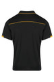 A black polo shirt featuring yellow accents and a logo. The design is simple with a classic collar.