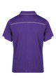 A purple polo shirt with a collar and white detailing on the shoulders. It features a logo on the chest area.