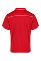 A red polo shirt featuring a collar and white accent sections, with a logo on the back.