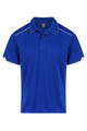 A blue polo shirt with white accents and a branded label on the collar.