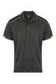 A dark green polo shirt featuring bright green accents and a logo on the chest.