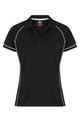 A black polo shirt featuring white piping, designed specifically for women, with a subtle logo on the chest.