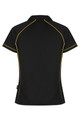 A black polo shirt with yellow piping, featuring a collar and short sleeves. It has a logo on the side.