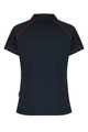 A navy polo shirt with red piping, featuring a collar and short sleeves. It includes a logo.