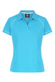 A turquoise polo shirt with white piping, featuring a collar and short sleeves, designed for women's wear.