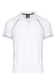 A white polo shirt featuring black piping and a logo at the collar. Short-sleeved design.