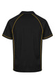 A black polo shirt with yellow accents and a logo, featuring a classic collar and short sleeves.