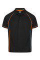 A black polo shirt featuring orange detailing and a collar. It includes a branding logo.