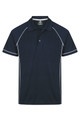 A navy polo shirt with white piping and a logo on the chest. Short sleeves and a classic collar design.