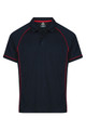 A navy polo shirt featuring red piping and a collar, designed for men. It includes a logo on the chest.