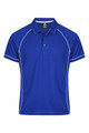 A blue polo shirt with contrasting white piping and a logo on the chest. Short sleeves and a classic collar design.