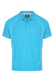 A short-sleeved men's polo shirt in bright blue with contrasting white piping and a collar. It features a logo.