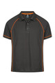 A dark green polo shirt with orange piping and a collar. The shirt features a logo on the chest.