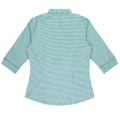 A green and white checked button-up shirt with 3/4 sleeves and a collar. Features a logo on the fabric.