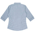 A blue and white checkered button-up shirt with 3/4 sleeves and a back view, featuring a collar and a logo.
