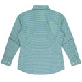 A long-sleeve button-up shirt featuring a green and blue checked pattern, with a collar and button cuffs.