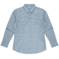 A long sleeve button-up shirt in a blue and white check pattern, featuring a collar and one chest pocket.