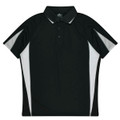 A black polo shirt with white side accents and a collar, featuring a logo.