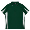 A green polo shirt with white accents and a collar. It features a logo on the chest area.