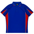 A blue polo shirt with red and white accents, featuring a polo collar and a logo.