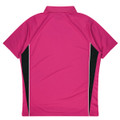 A pink polo shirt with black side panels and a collar, featuring a logo on the back.