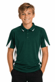 A dark green polo shirt with white side panels, featuring a logo on the chest. Suitable for kids.
