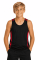 A black singlet with red stripes, worn by a smiling boy. The garment has a logo on it.