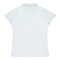 A white polo shirt featuring short sleeves and a simplistic design with a branding logo on the back.