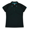 A black polo shirt featuring a collar and short sleeves, with blue accent stripes and a logo.