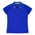 A blue polo shirt with short sleeves and a collar, featuring contrasting stripes on the shoulders and a logo.