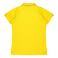 A yellow polo shirt featuring a collar and short sleeves, with a logo on the back.
