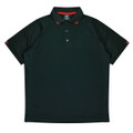 A dark green polo shirt with a button-up collar and red accent details. It features a logo on the breast.