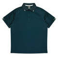 A dark teal polo shirt with a classic collar and three-button placket, featuring a logo on the chest.