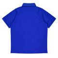 A blue polo shirt with a collar and short sleeves, featuring a plain back and a logo.