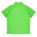 A vibrant green men's polo shirt with a smooth texture and a collar, featuring a logo on the back.