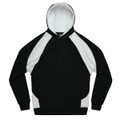 A black and white hoodie with a kangaroo pocket and a hood, featuring a logo on the chest.