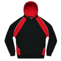 A black hoodie with red accents and a front pocket, featuring a logo on the chest area.