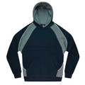 A dark navy hoodie with grey panels and a front pocket. It features a hood and contrasting stitching.