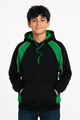 A black hoodie with green accents featuring a kangaroo pocket and drawstring hood, modelled by a young boy.