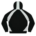 A black and white hoodie with a contrasting panel design, featuring a hood and long sleeves.