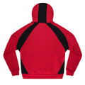 A red hoodie with black accents on the shoulders and hood, featuring a logo.